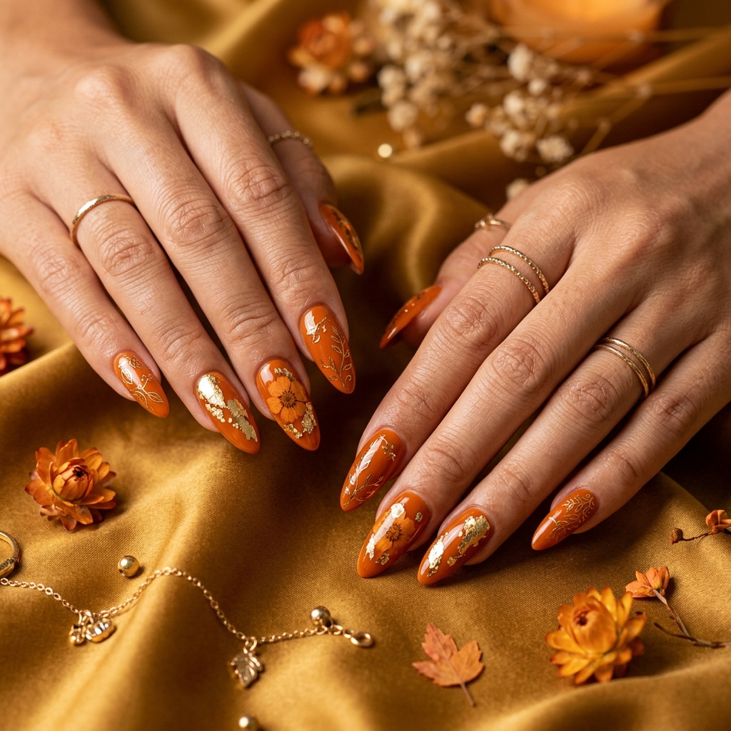 30 Pumpkin Nail Designs That Go From Adorably Cute to Absolutely Stunning 18 Pumpkin and Gold Nail Designs