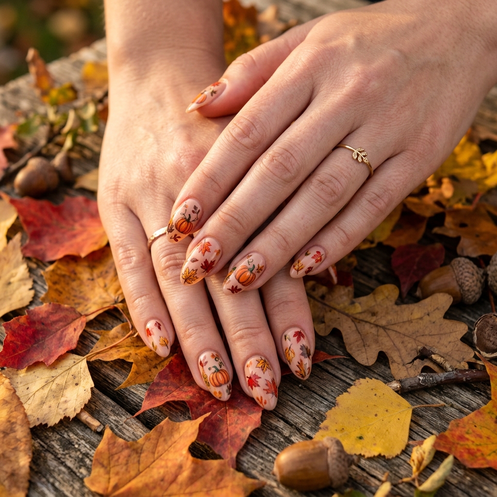 30 Pumpkin Nail Designs That Go From Adorably Cute to Absolutely Stunning 24 Pumpkin Autumn Leaves Nail Designs