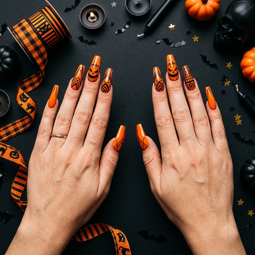 30 Pumpkin Nail Designs That Go From Adorably Cute to Absolutely Stunning 13 Pumpkin and Black Nail Designs