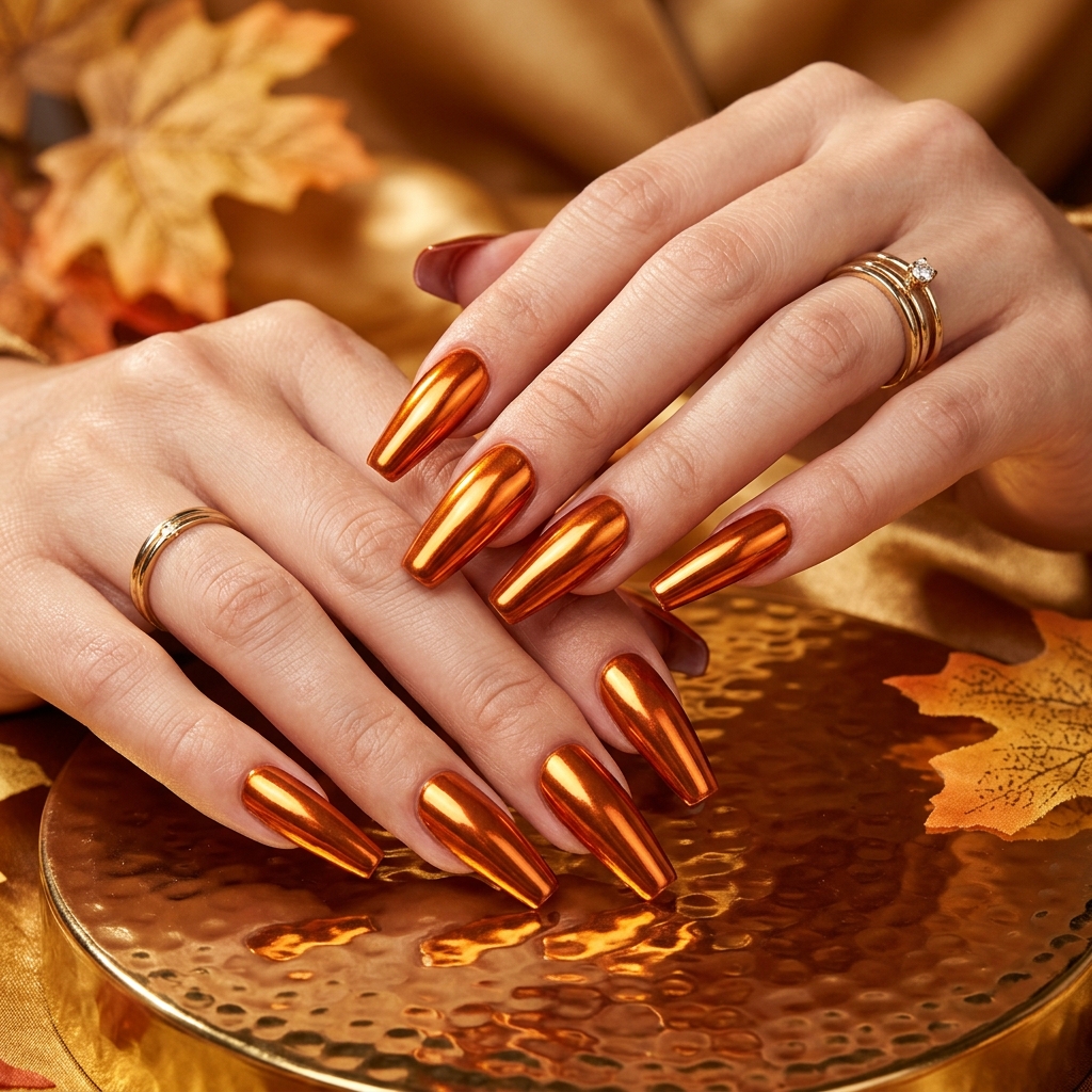 30 Pumpkin Nail Designs That Go From Adorably Cute to Absolutely Stunning 29 Pumpkin Chrome Nail Designs