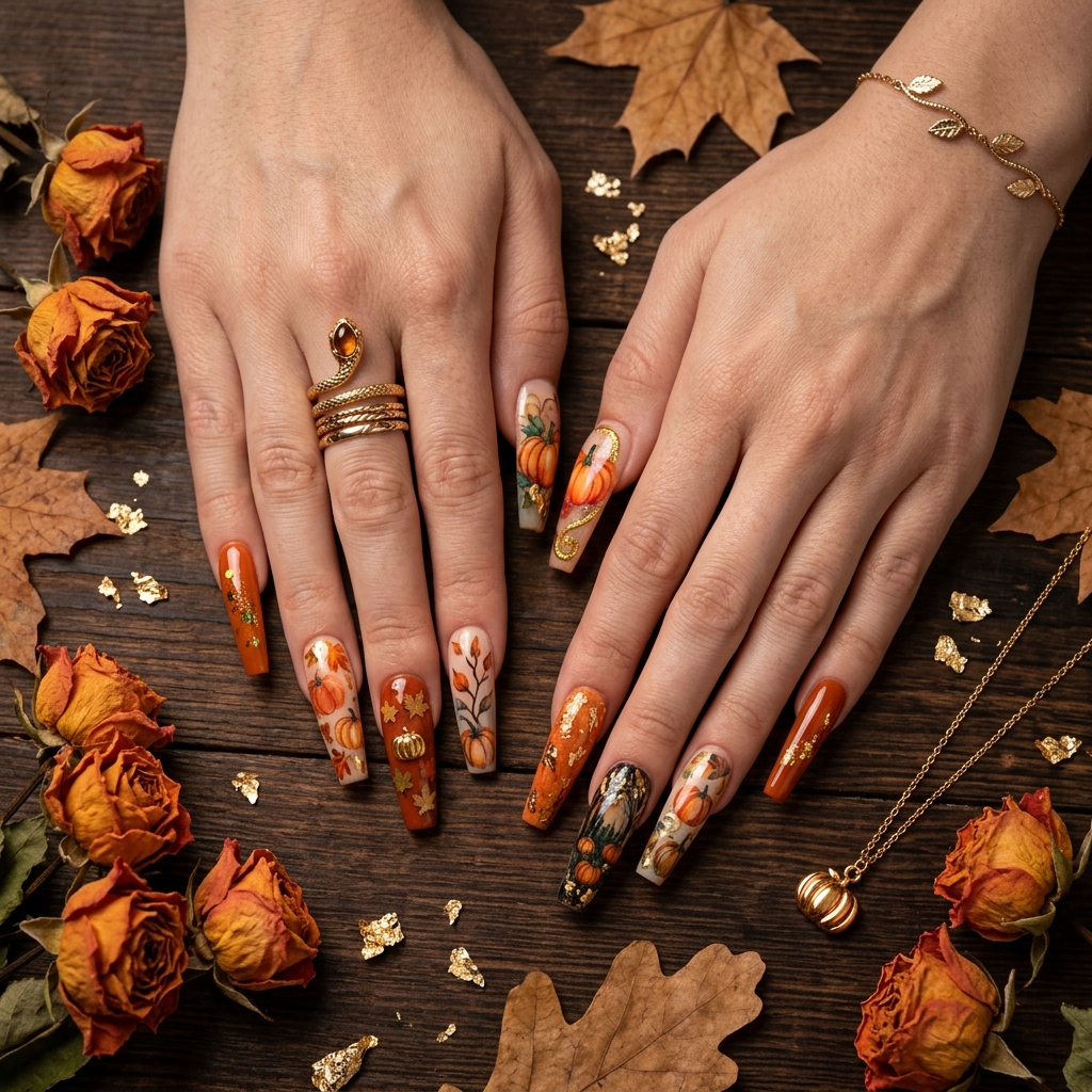 30 Pumpkin Nail Designs That Go From Adorably Cute to Absolutely Stunning 30 Pumpkin Coffin Nail Designs