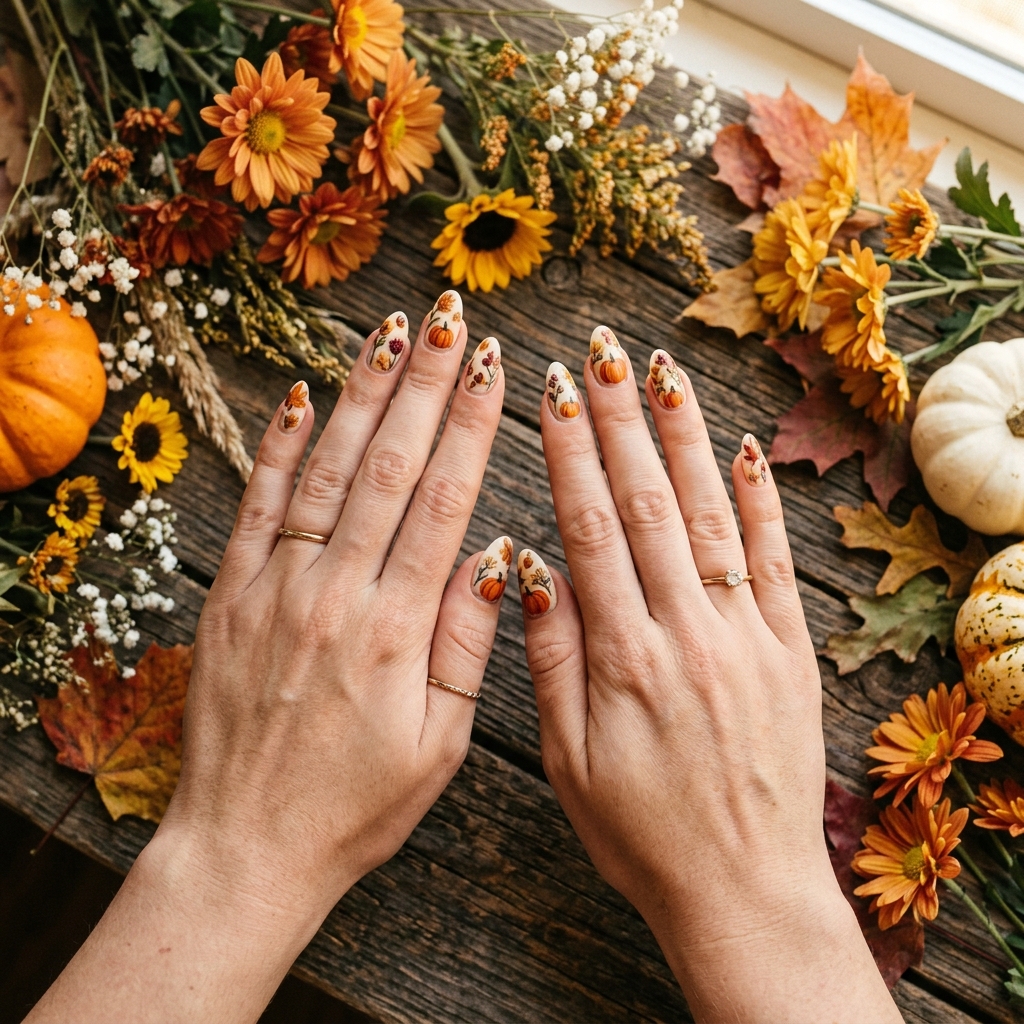 30 Pumpkin Nail Designs That Go From Adorably Cute to Absolutely Stunning 9 Pumpkin and Floral Nail Designs