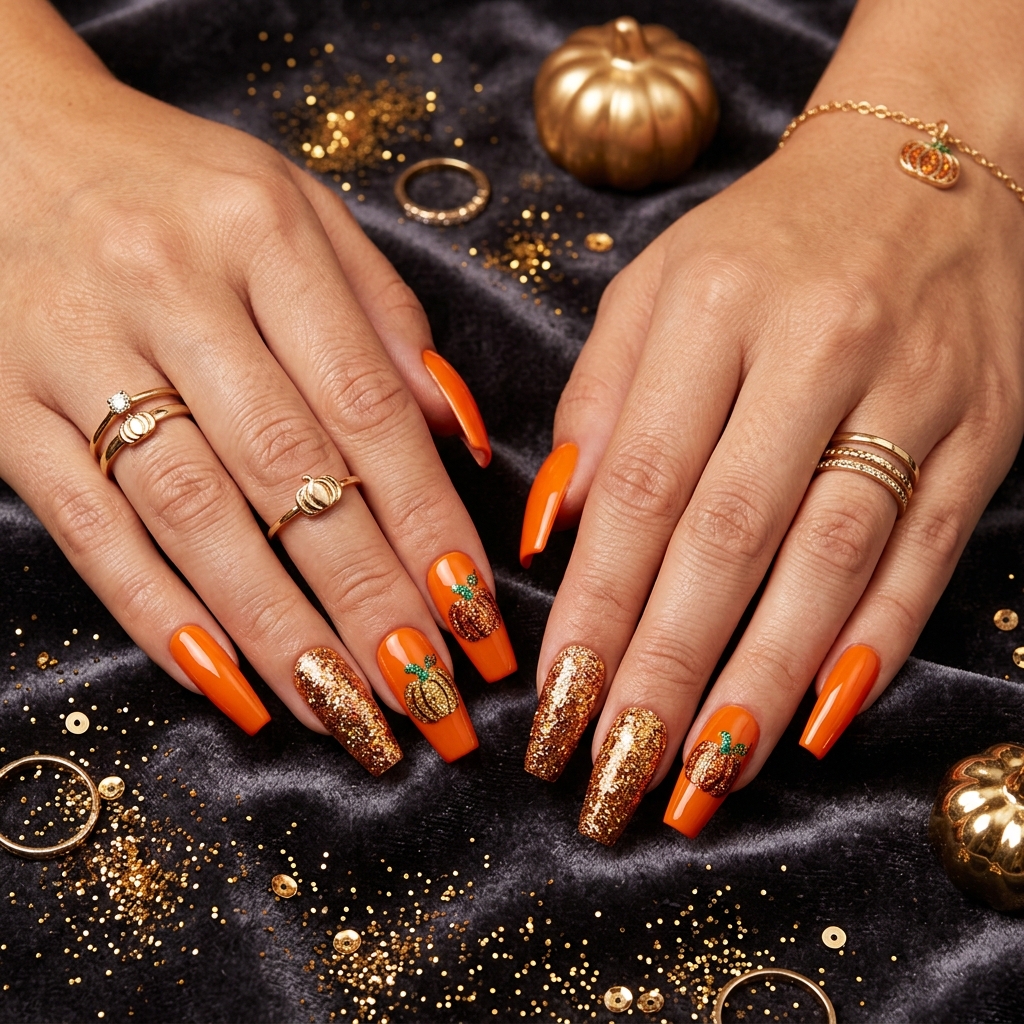 30 Pumpkin Nail Designs That Go From Adorably Cute to Absolutely Stunning 10 Pumpkin Glitter Nail Designs