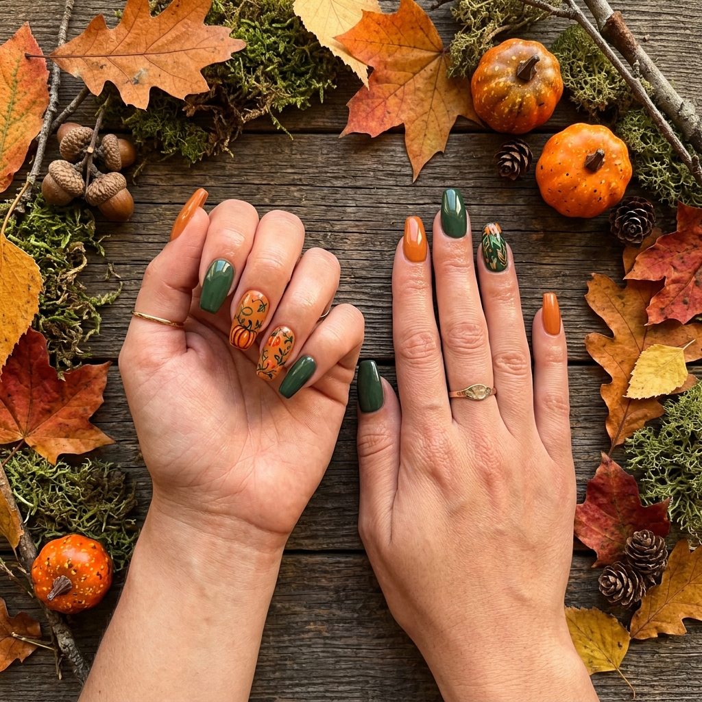 30 Pumpkin Nail Designs That Go From Adorably Cute to Absolutely Stunning 20 Pumpkin and Green Nail Designs