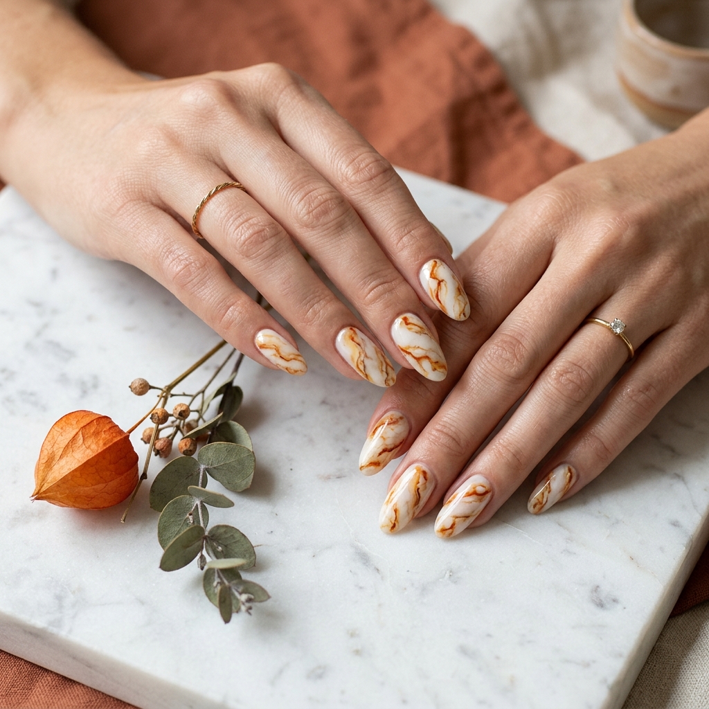 30 Pumpkin Nail Designs That Go From Adorably Cute to Absolutely Stunning 19 Pumpkin Marble Nail Designs