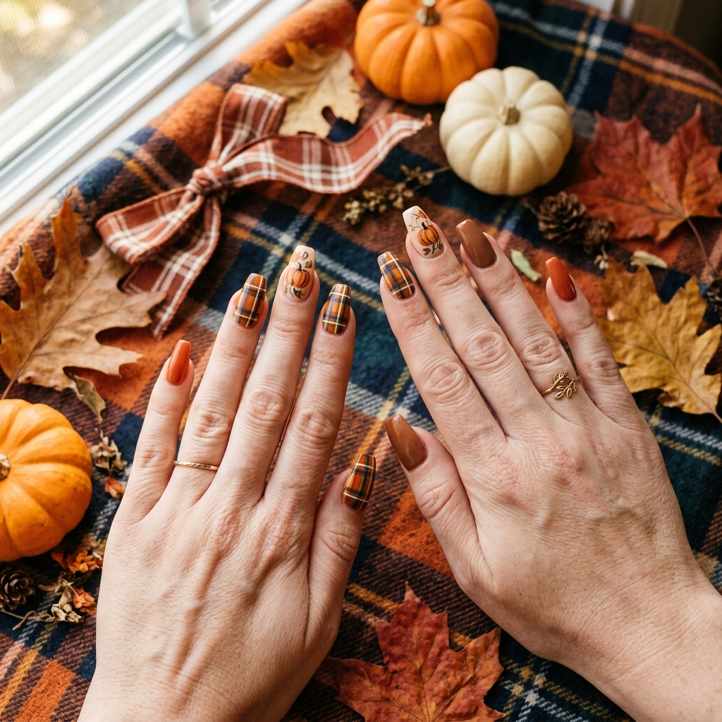 30 Pumpkin Nail Designs That Go From Adorably Cute to Absolutely Stunning 25 Pumpkin and Plaid Nail Designs