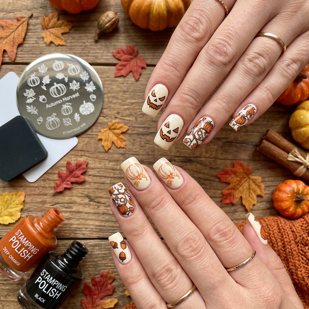 30 Pumpkin Nail Designs That Go From Adorably Cute to Absolutely Stunning 23 Pumpkin Stamping Nail Designs
