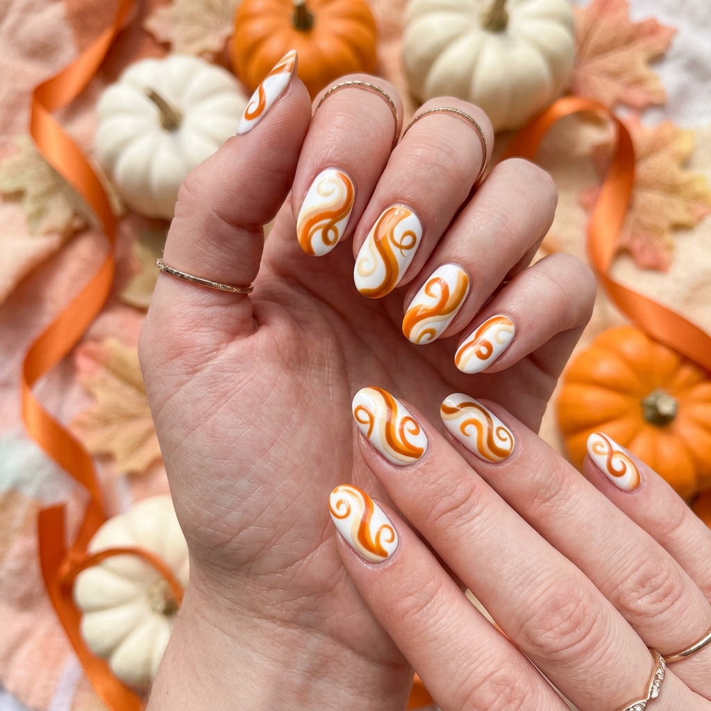 30 Pumpkin Nail Designs That Go From Adorably Cute to Absolutely Stunning 21 Pumpkin Swirl Nail Designs