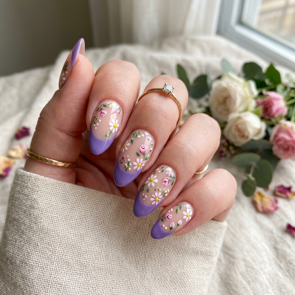 Purple French Tip Nails: 30 Stunning Ideas to Inspire Your Next Manicure 22 Floral Purple French Tip Nails Art Ideas