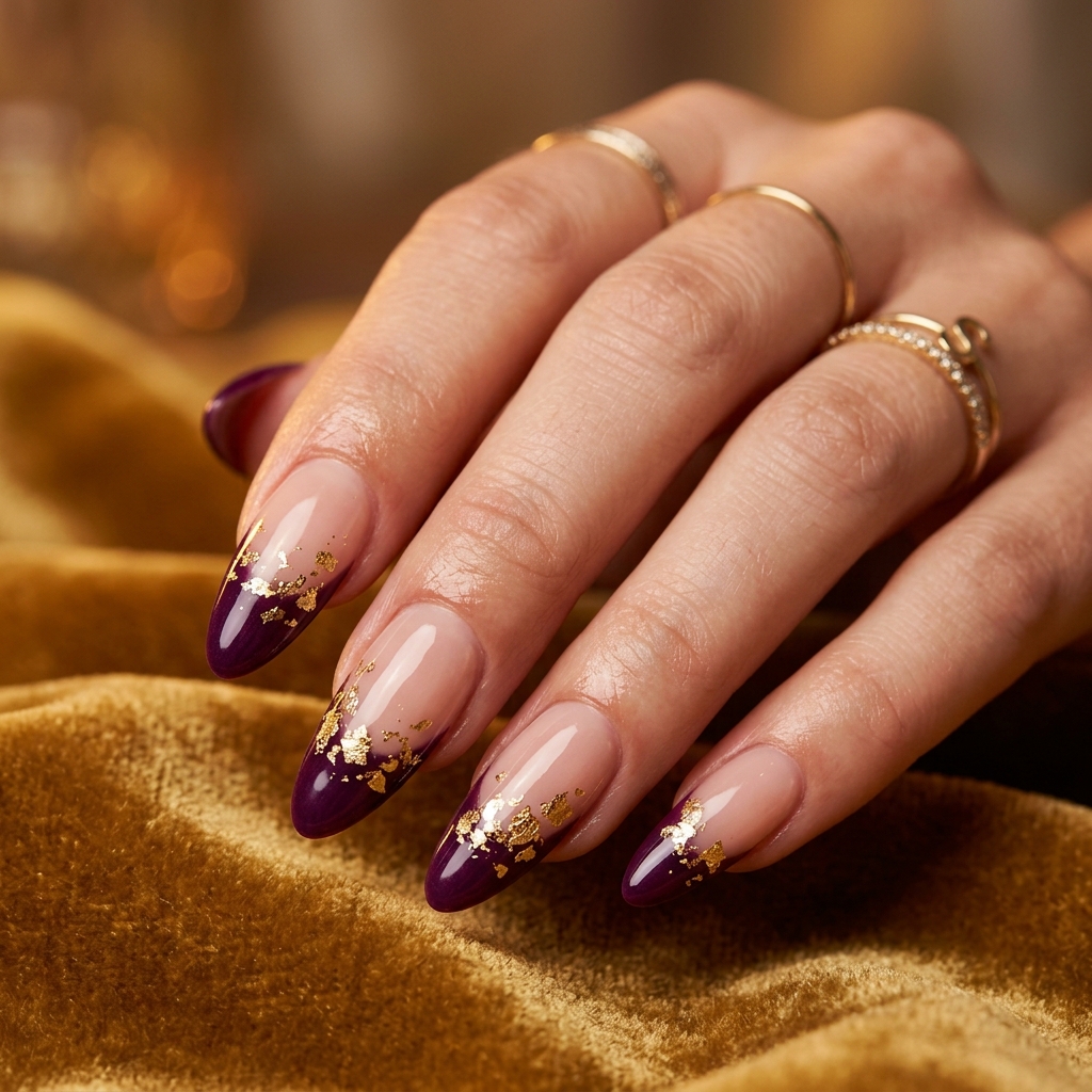 Purple French Tip Nails: 30 Stunning Ideas to Inspire Your Next Manicure 26 Purple French Tip nails with Gold Foil Ideas