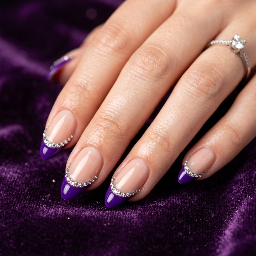 Purple French Tip Nails: 30 Stunning Ideas to Inspire Your Next Manicure 17 Purple French Tip with Rhinestones Ideas