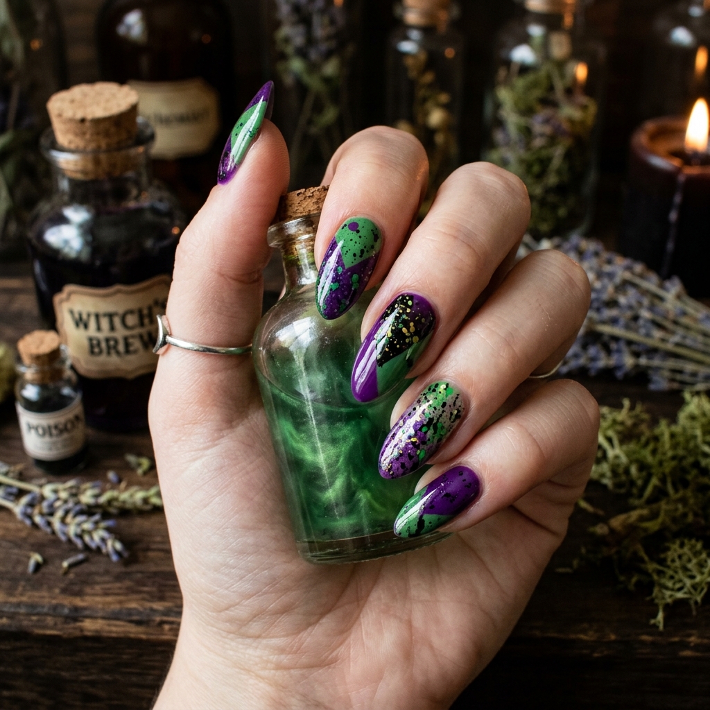 Green and Purple Halloween Nails Ideas