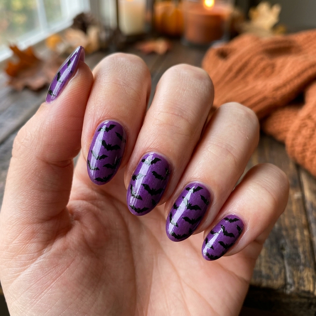 Purple Bat Print Nails Ideas