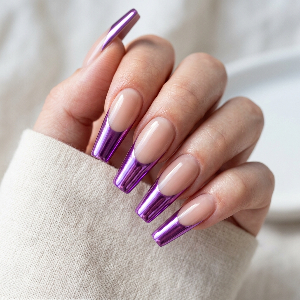 Purple French Tip Nails: 30 Stunning Ideas to Inspire Your Next Manicure 10 Chrome Purple French Tip Nails Ideas