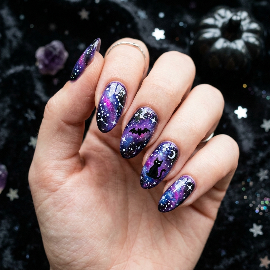 Purple Galaxy Halloween Nails Ideas