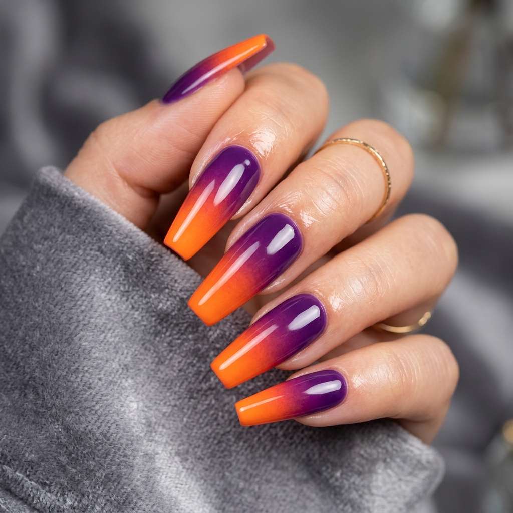 30 Vibrant Sunset Ombre Nails Ideas to Inspire Your Next Manicure 5 Purple and Orange Ombre Nail Ideas