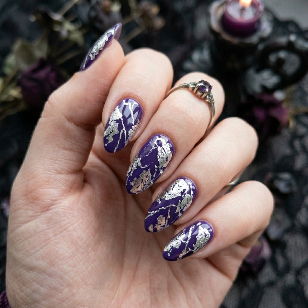 Purple and Silver Halloween Nails Ideas