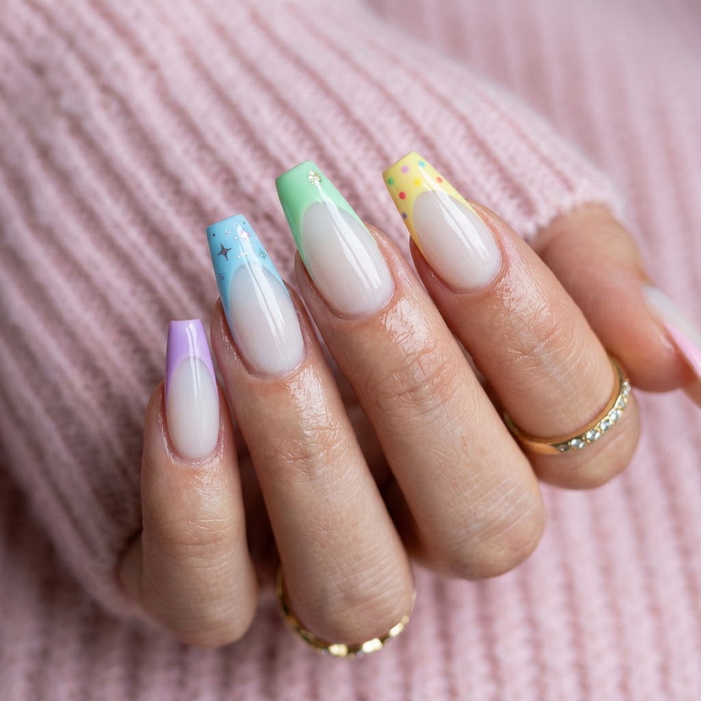 Rainbow French Tip Coffin Nail Ideas