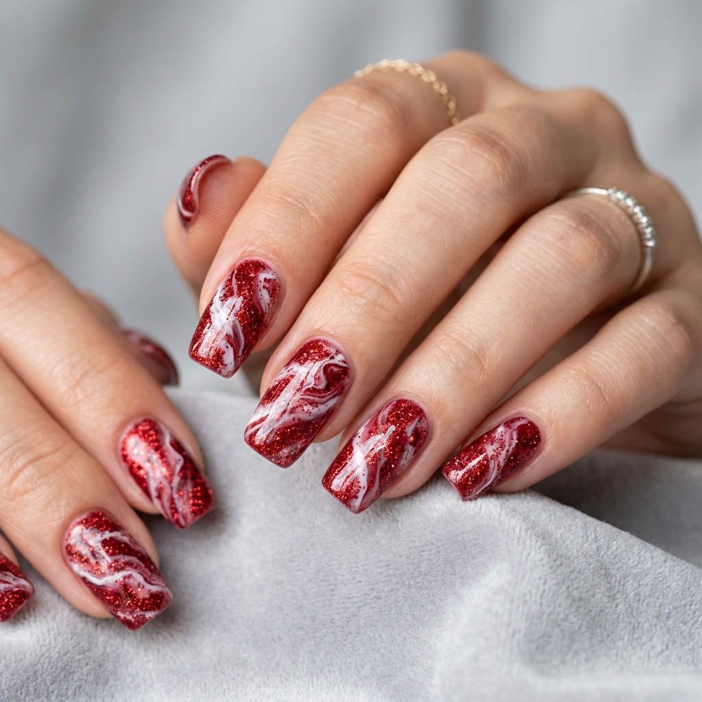 Red Sparkly Nails Ideas: 30 Dazzling Looks to Inspire Your Next Manicure 29 Marble red sparkly nails