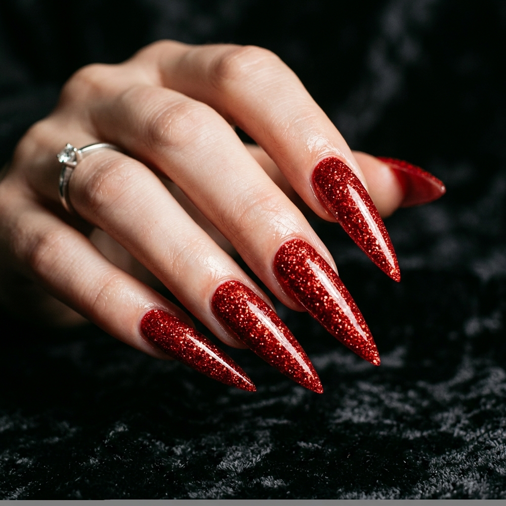 Red Sparkly Nails Ideas: 30 Dazzling Looks to Inspire Your Next Manicure 16 Stiletto red sparkly nails