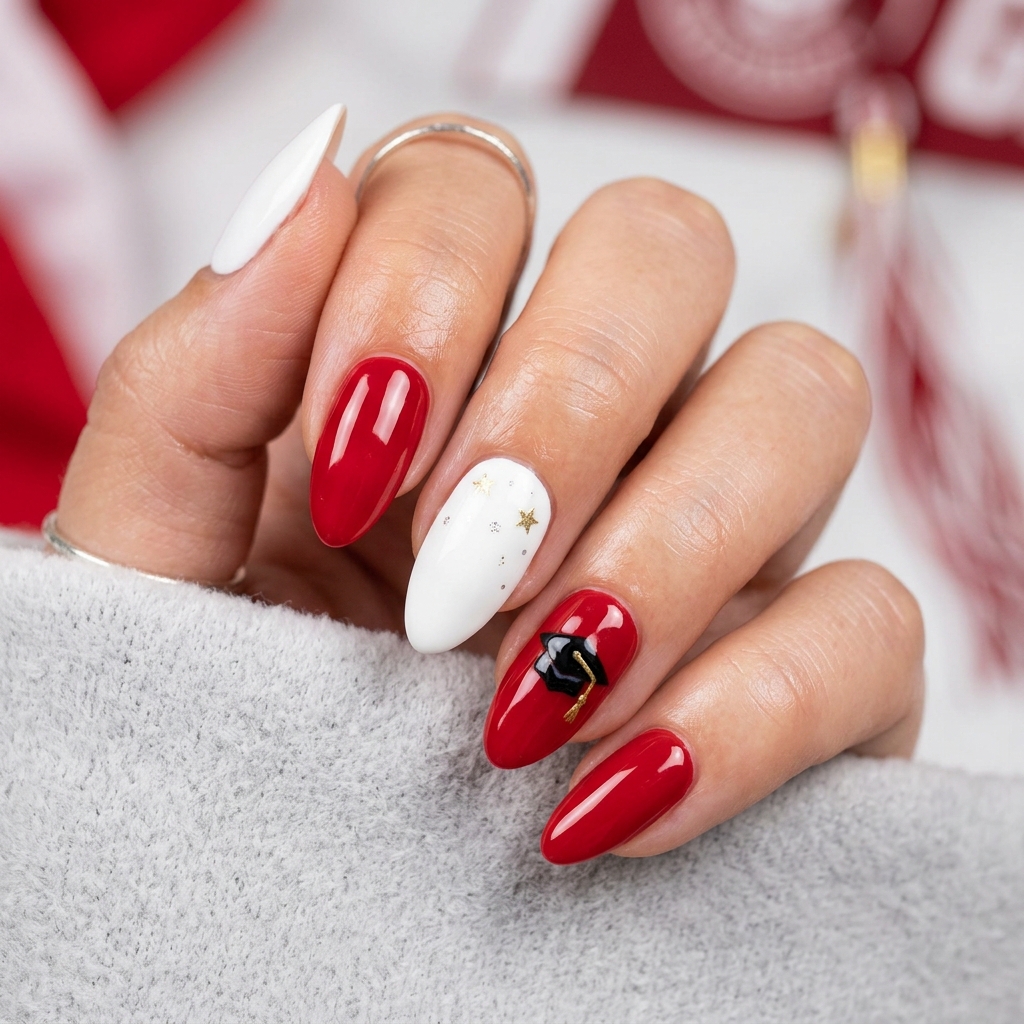 Red and White Graduation Nail Designs