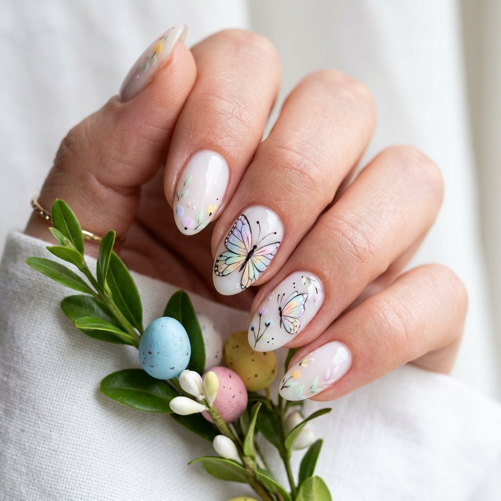 Short Easter Nails Ideas with Butterflies
