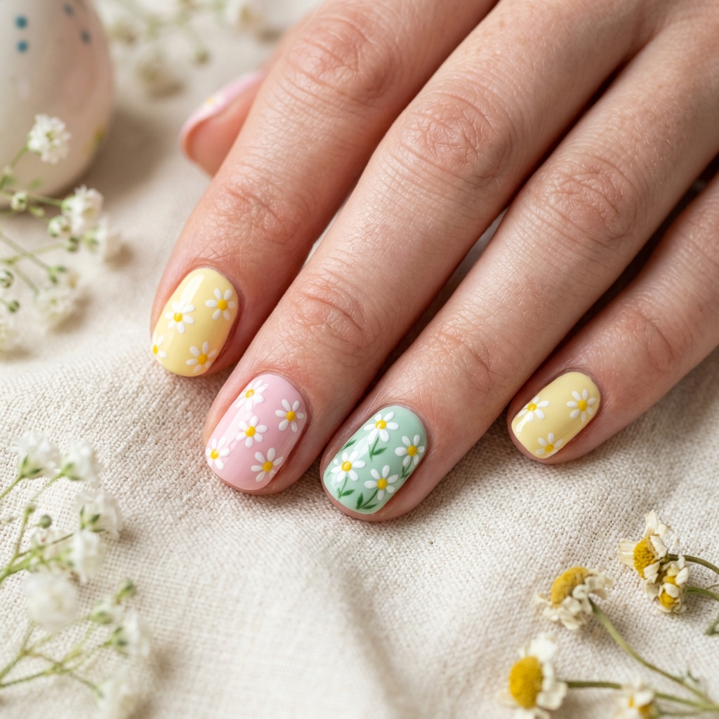 Short Easter Nails Ideas with Daisies