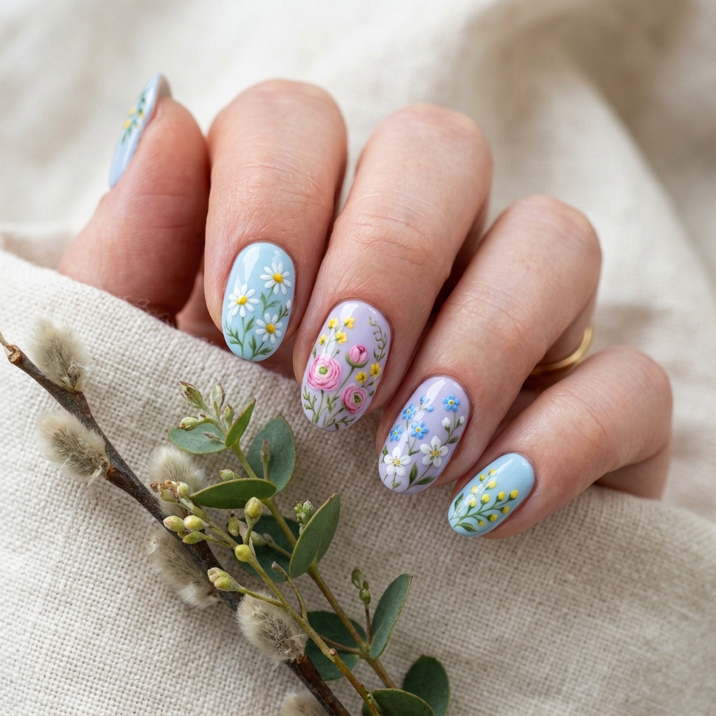 Short Easter Nail Ideas with Flowers and Leaves