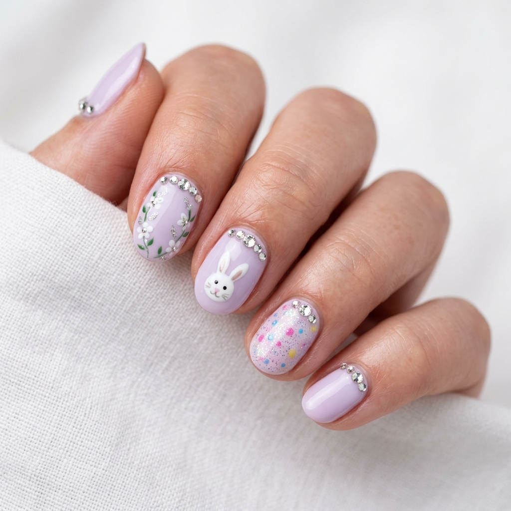 Short Easter Nails Ideas with Rhinestones