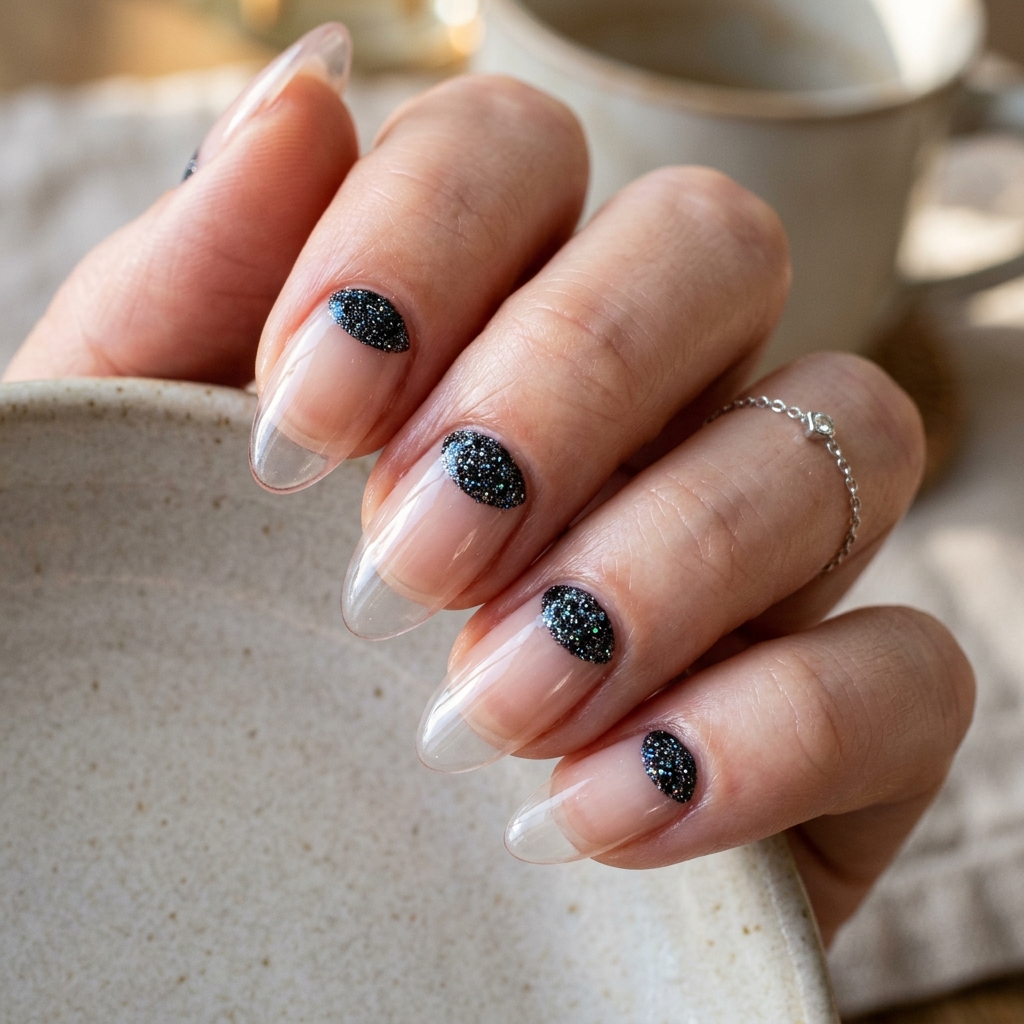 Black Sparkly Nails: 30 Creative Ideas to Inspire Your Next Manicure 16 Black Sparkly Reverse French Nails Ideas
