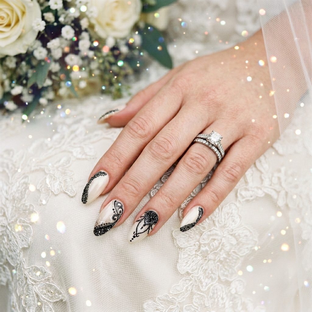 Black Sparkly Nails: 30 Creative Ideas to Inspire Your Next Manicure 29 Black Sparkly Bridal Nails Ideas