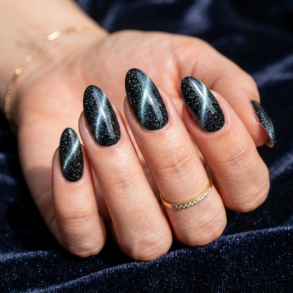 Black Sparkly Nails: 30 Creative Ideas to Inspire Your Next Manicure 26 Black Sparkly Cat Eye Nails Ideas