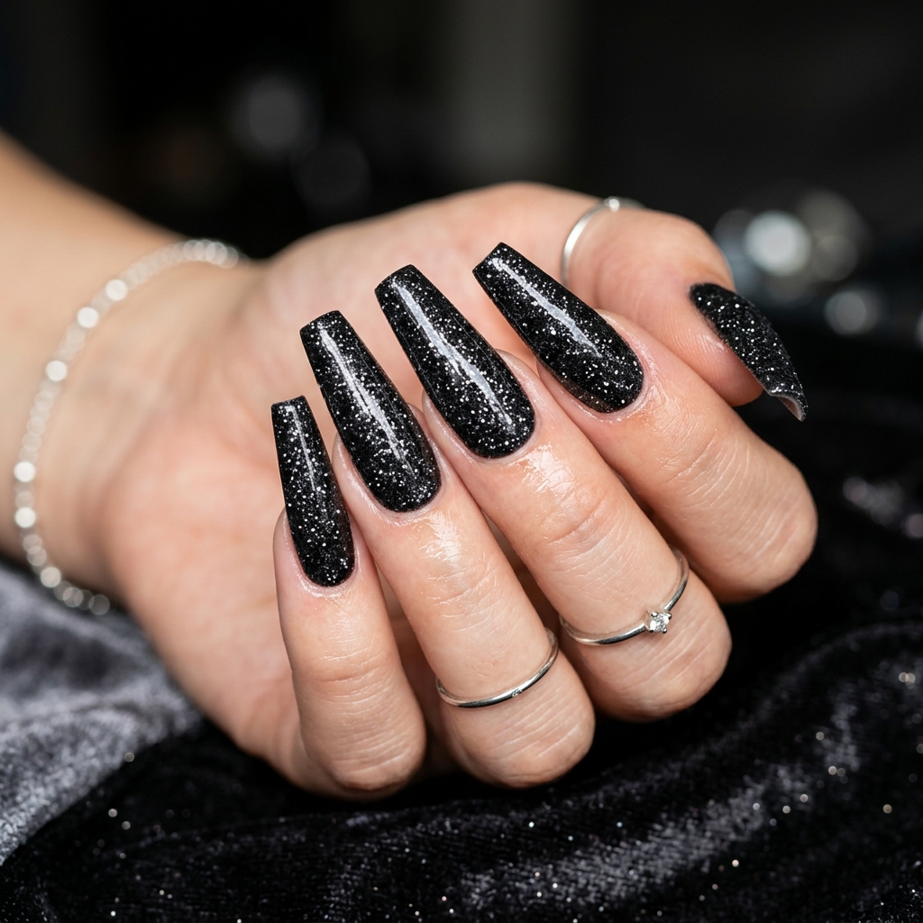 Black Sparkly Nails: 30 Creative Ideas to Inspire Your Next Manicure 5 Black Sparkly Coffin Nails Ideas