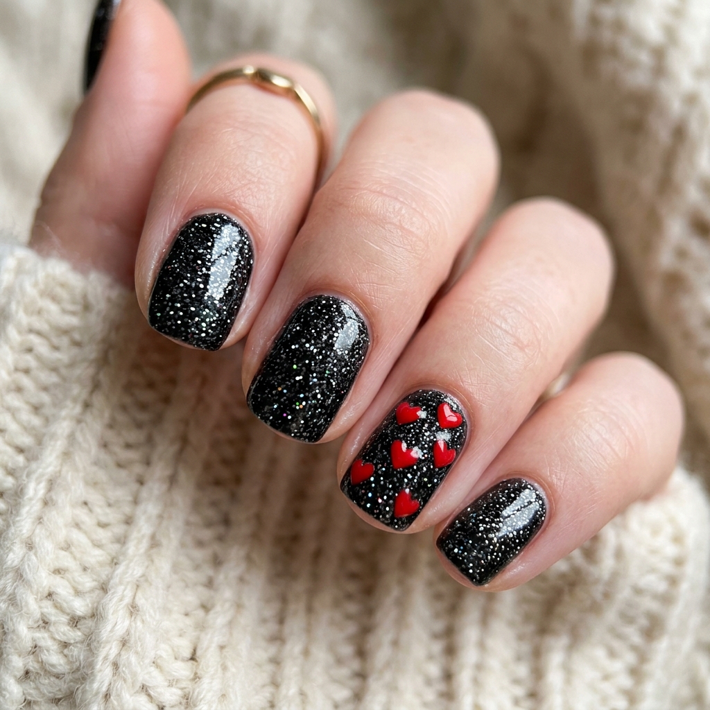 Black Sparkly Nails: 30 Creative Ideas to Inspire Your Next Manicure 24 Black Sparkly Heart Accent Nails Ideas