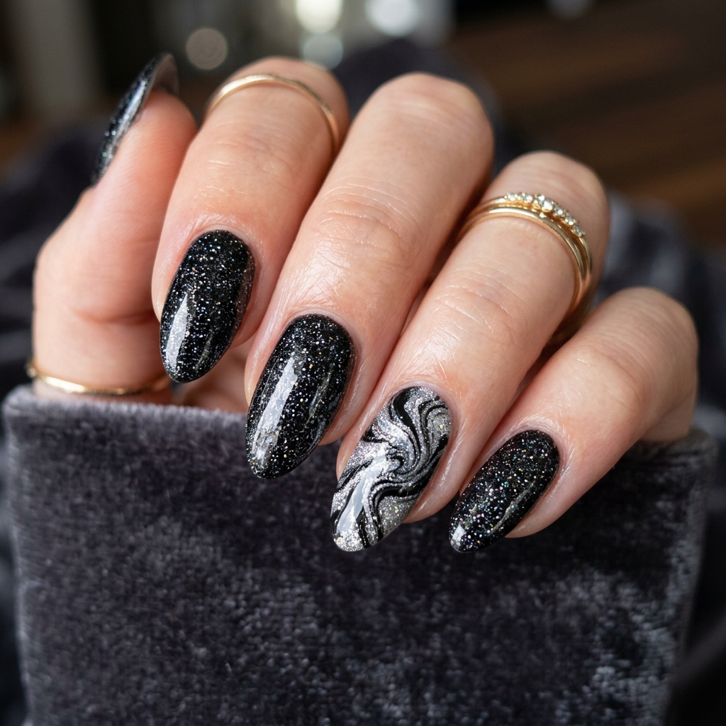 Black Sparkly Nails: 30 Creative Ideas to Inspire Your Next Manicure 14 Black Sparkly Marble Nails Ideas