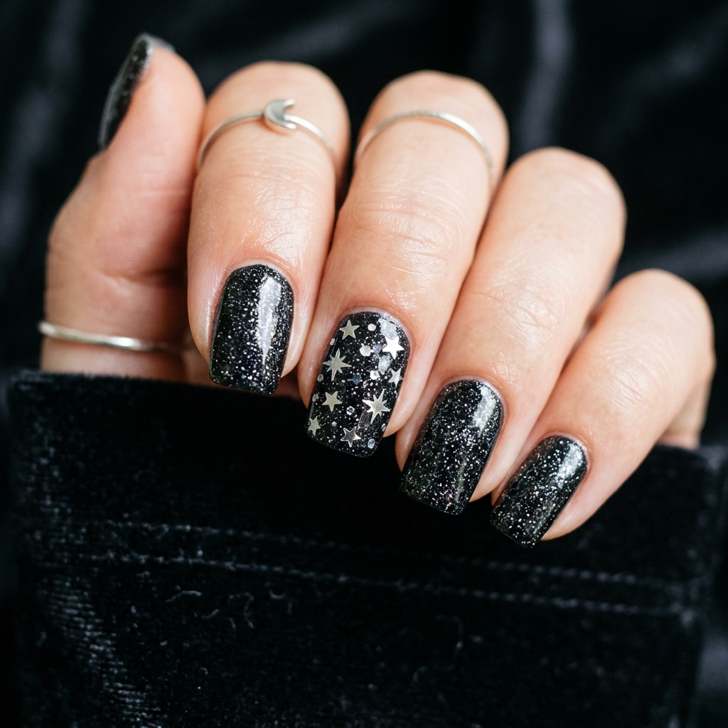 Black Sparkly Nails: 30 Creative Ideas to Inspire Your Next Manicure 19 Black Sparkly Star Nails Ideas
