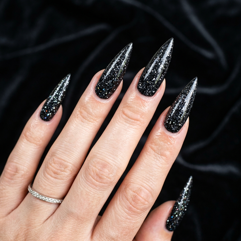 Black Sparkly Nails: 30 Creative Ideas to Inspire Your Next Manicure 13 Black Sparkly Stiletto Nails Ideas