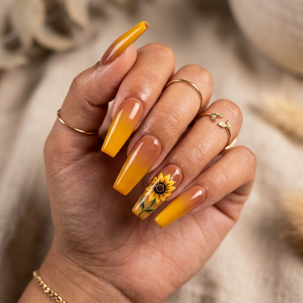 Yellow Ombre Nails 30 Ideas: The Ultimate Guide to Sunny, Gradient Manicures 3 Sunflower Gradient Nail Design