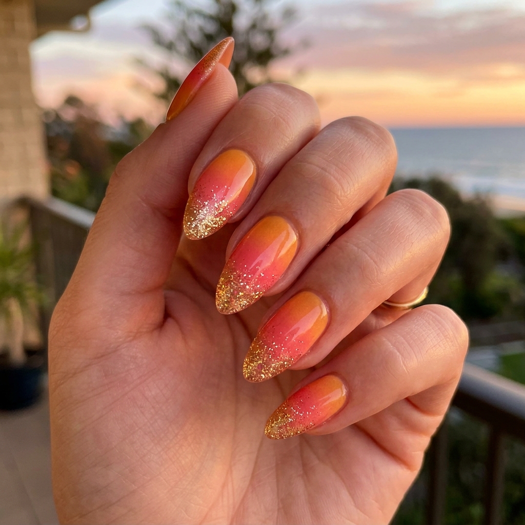 30 Vibrant Sunset Ombre Nails Ideas to Inspire Your Next Manicure 4 Sunset Ombre Nail with Glitter Accent Ideas