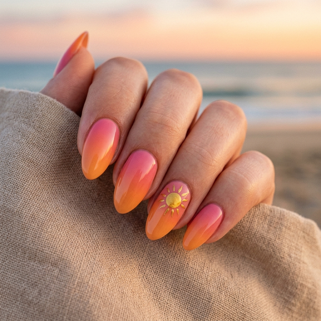 30 Vibrant Sunset Ombre Nails Ideas to Inspire Your Next Manicure 23 Sunset Ombre Nail with Sun Design Ideas