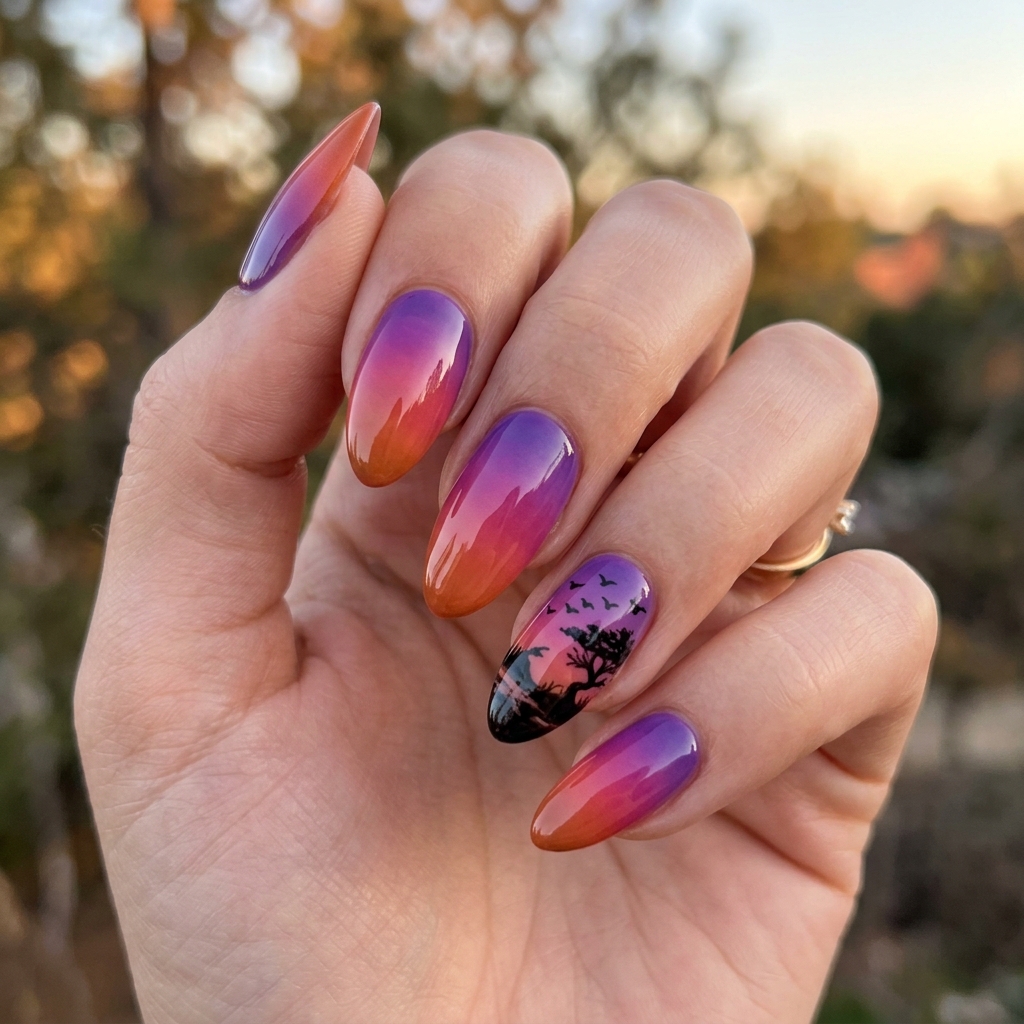 30 Vibrant Sunset Ombre Nails Ideas to Inspire Your Next Manicure 26 Sunset Ombre Nails with Silhouette Design Ideas
