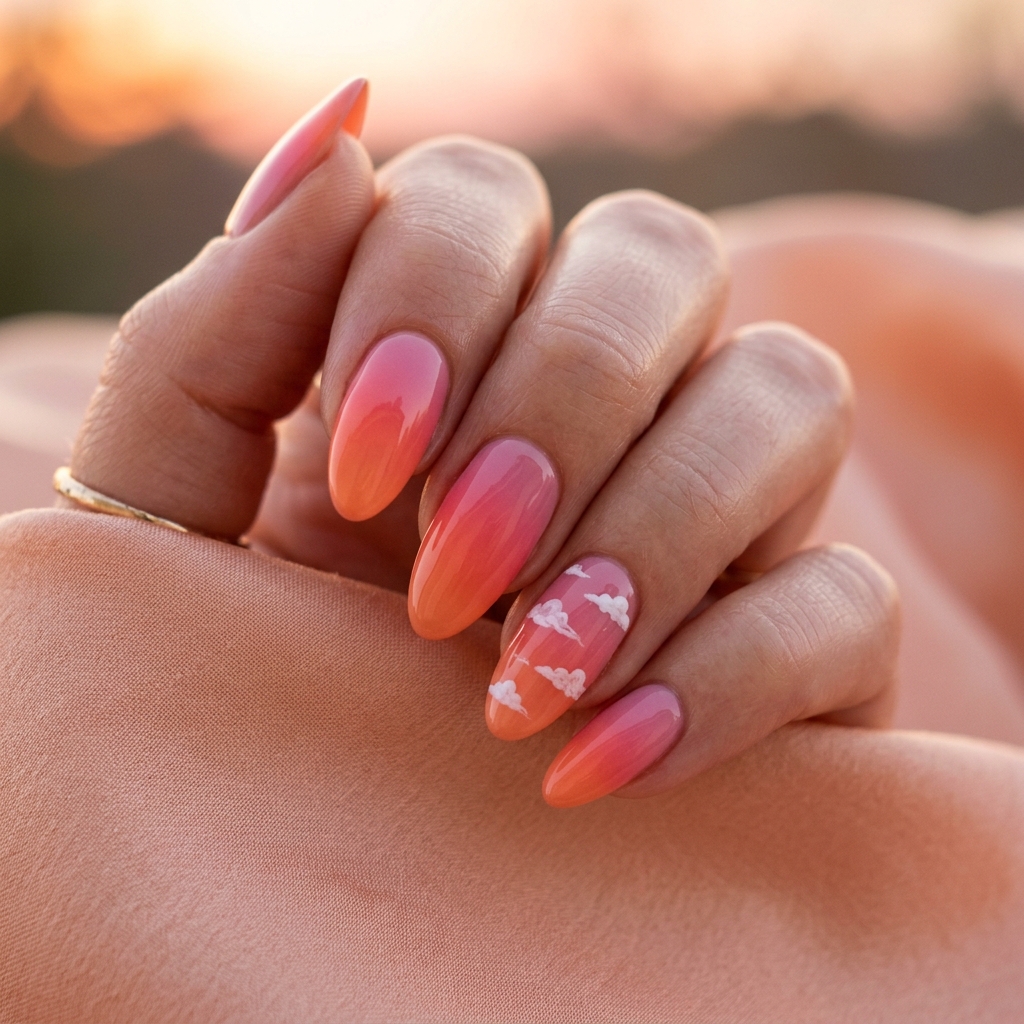 30 Vibrant Sunset Ombre Nails Ideas to Inspire Your Next Manicure 15 Sunset Ombre Nail with Cloud Design Ideas