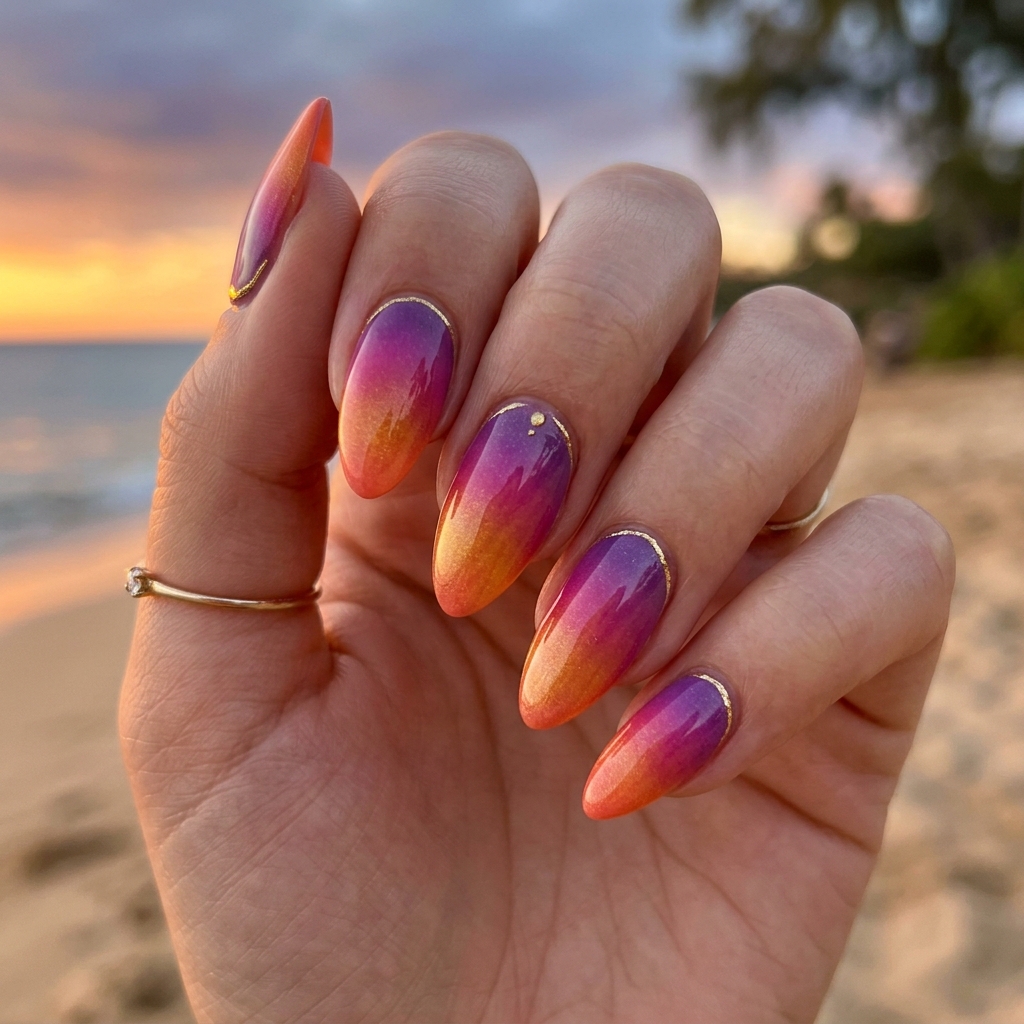 30 Vibrant Sunset Ombre Nails Ideas to Inspire Your Next Manicure 11 Sunset Ombre Nails with Gold Accent Ideas