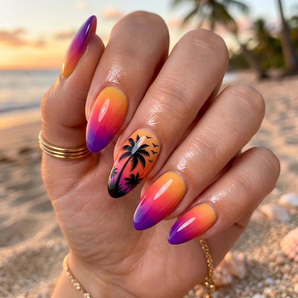 30 Vibrant Sunset Ombre Nails Ideas to Inspire Your Next Manicure 18 Sunset Ombre Nails with Palm Tree Design Ideas