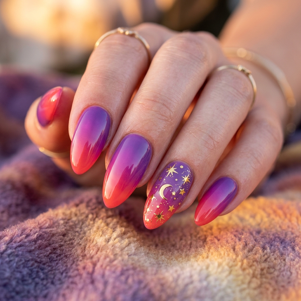 30 Vibrant Sunset Ombre Nails Ideas to Inspire Your Next Manicure 29 Sunset Ombre Nail with Star Design Ideas