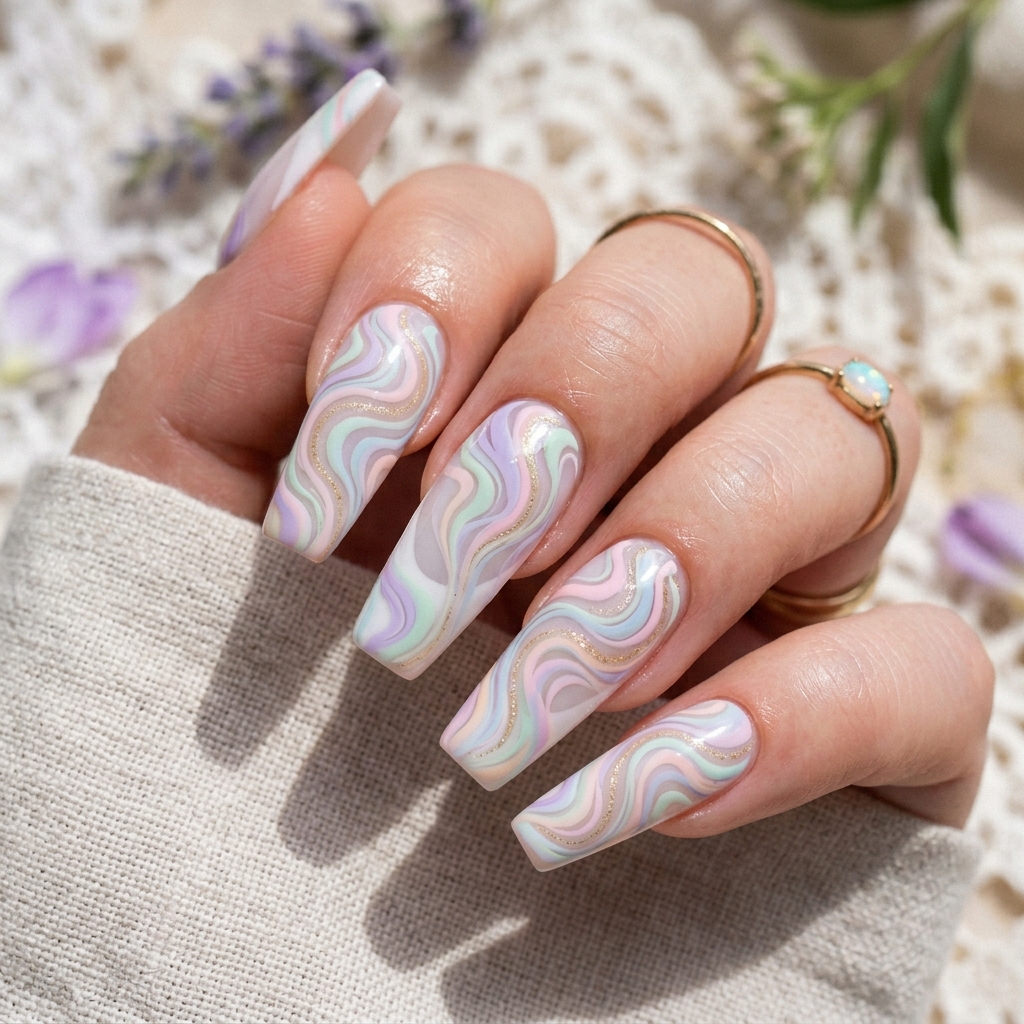 Swirl French Tip Coffin Nails Ideas