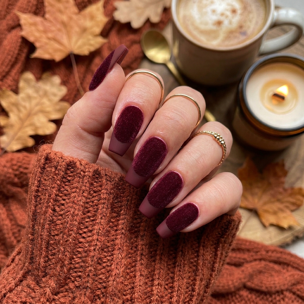 Velvet Finish French Tip Coffin Nail Ideas