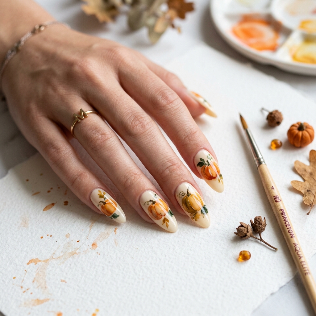 30 Pumpkin Nail Designs That Go From Adorably Cute to Absolutely Stunning 8 Watercolor Pumpkin Nail Designs