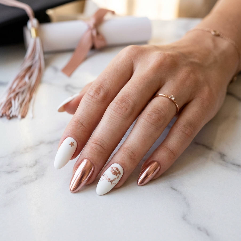 White and Rose Gold Graduation Nail Designs