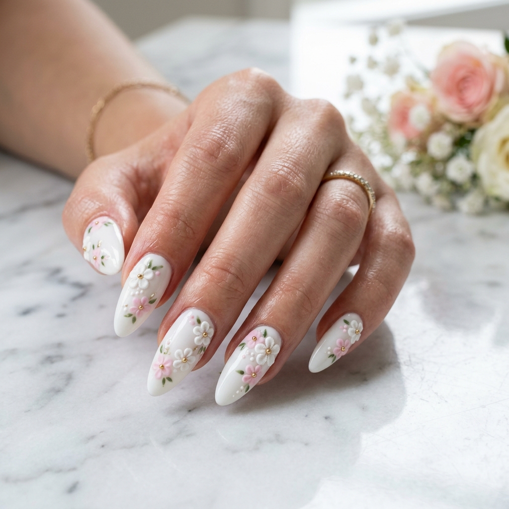 30 White Nails with Flowers Ideas: The Ultimate Guide to Romantic and Elegant Nail Inspiration 13 Almond White Nails with Flowers